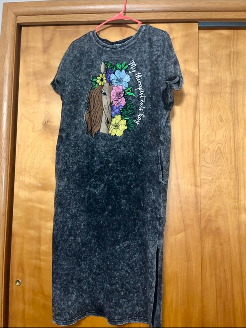 “My Therapist Eats Grass” black mineral wash dress